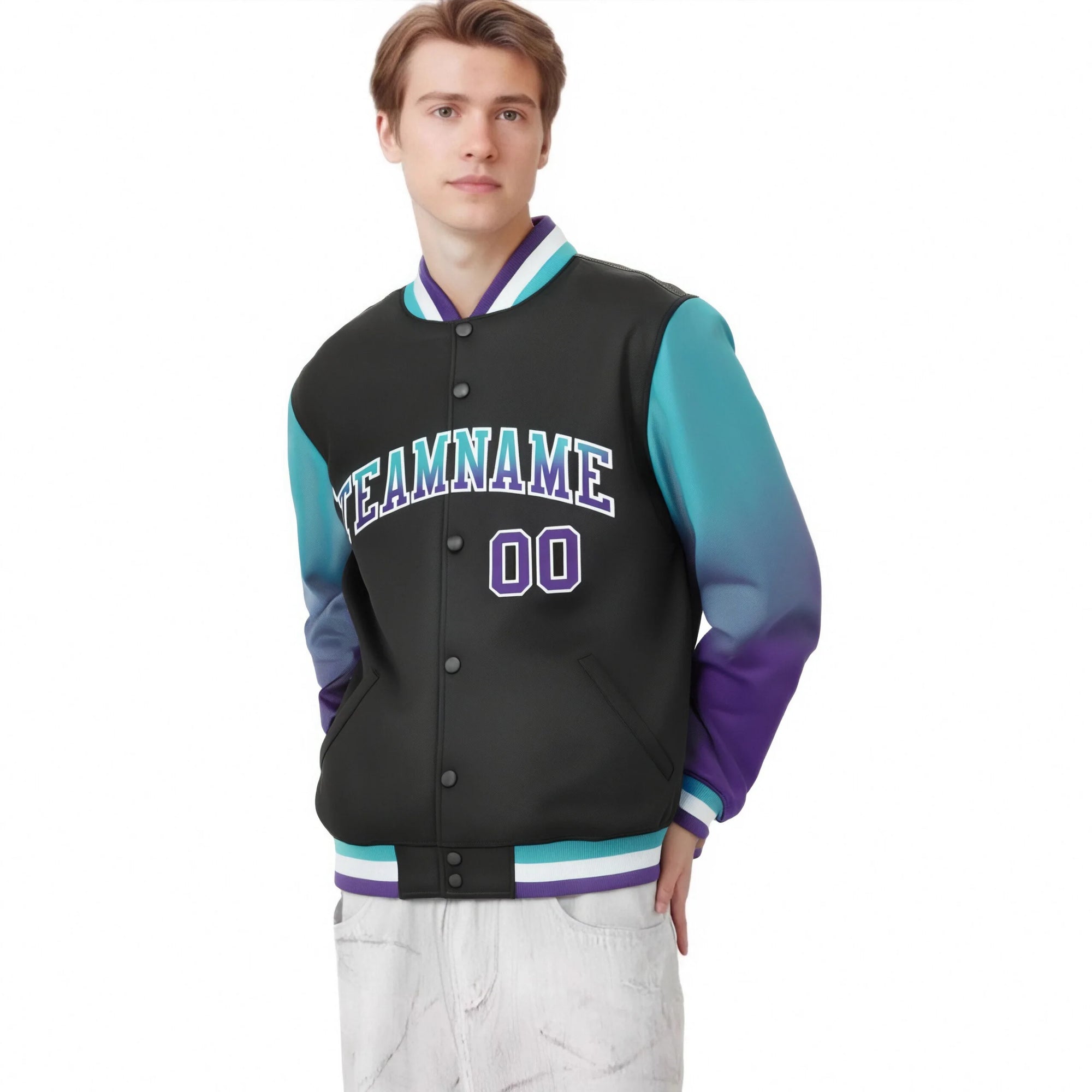 Custom Black Aqua-Purple Varsity Full-Snap Sleeve Gradient Fashion Letterman Baseball Jacket