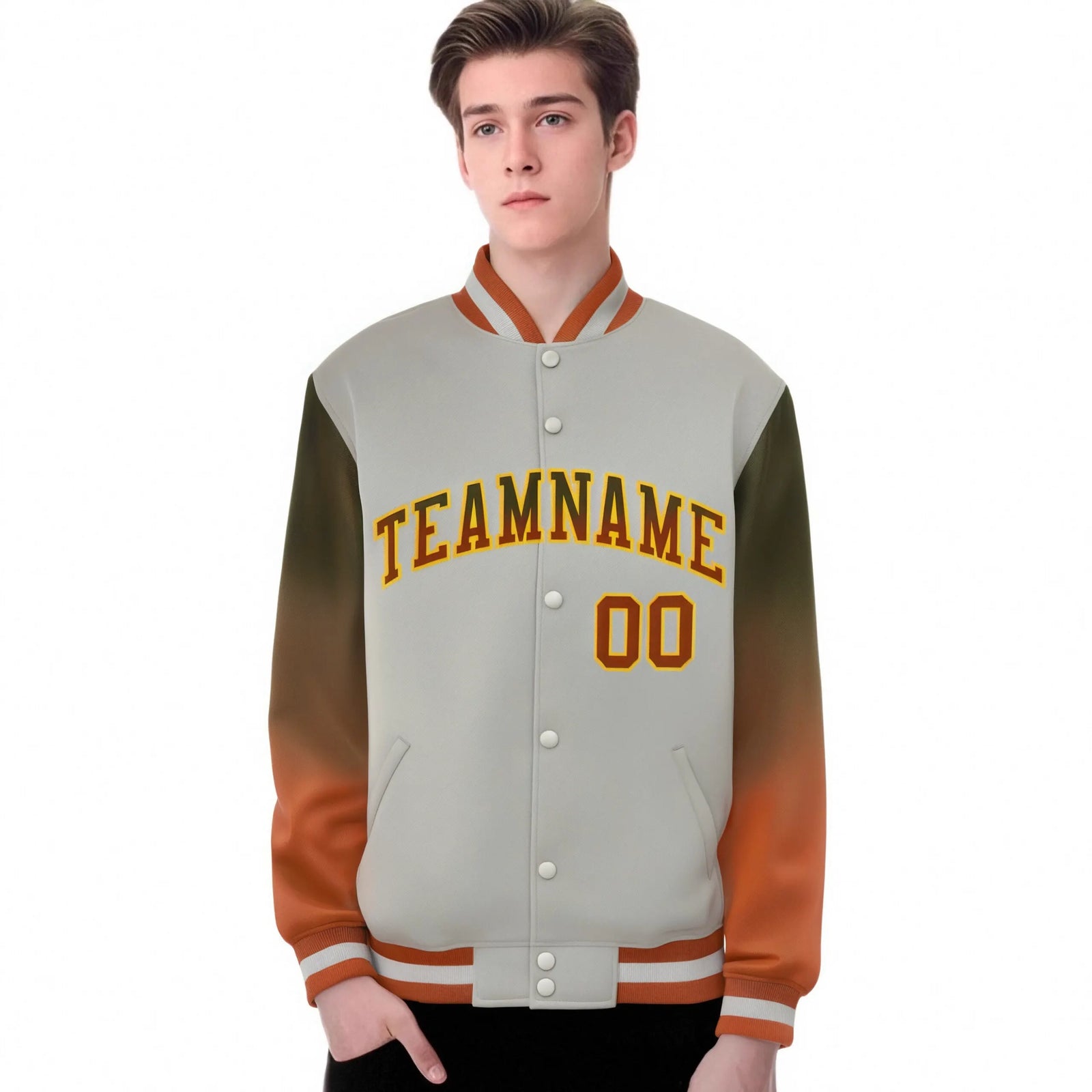 Custom Gray Olive-Munsell Varsity Full-Snap Sleeve Gradient Fashion Letterman Baseball Jacket