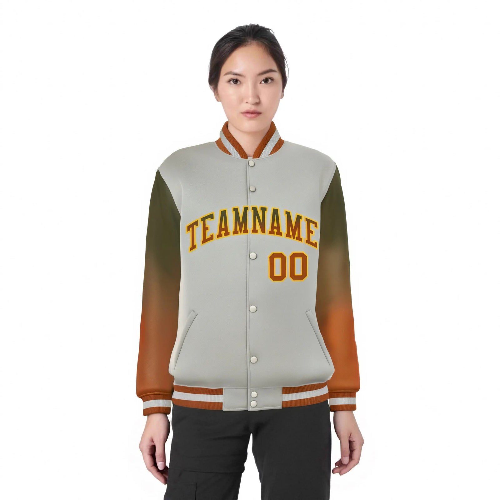 Custom Gray Olive-Munsell Varsity Full-Snap Sleeve Gradient Fashion Letterman Baseball Jacket