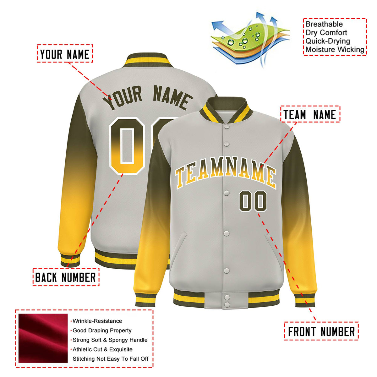 Custom Gray Olive-Gold Varsity Full-Snap Sleeve Gradient Fashion Letterman Baseball Jacket