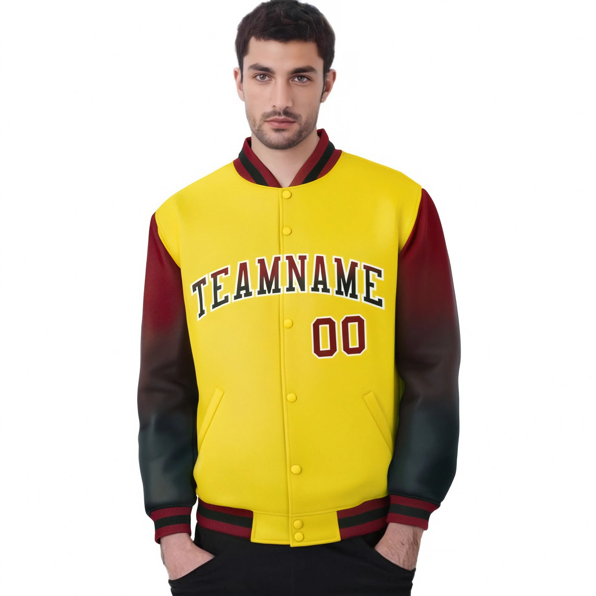 Custom Gold Crimson-Dark Gray Varsity Full-Snap Sleeve Gradient Fashion Letterman Baseball Jacket