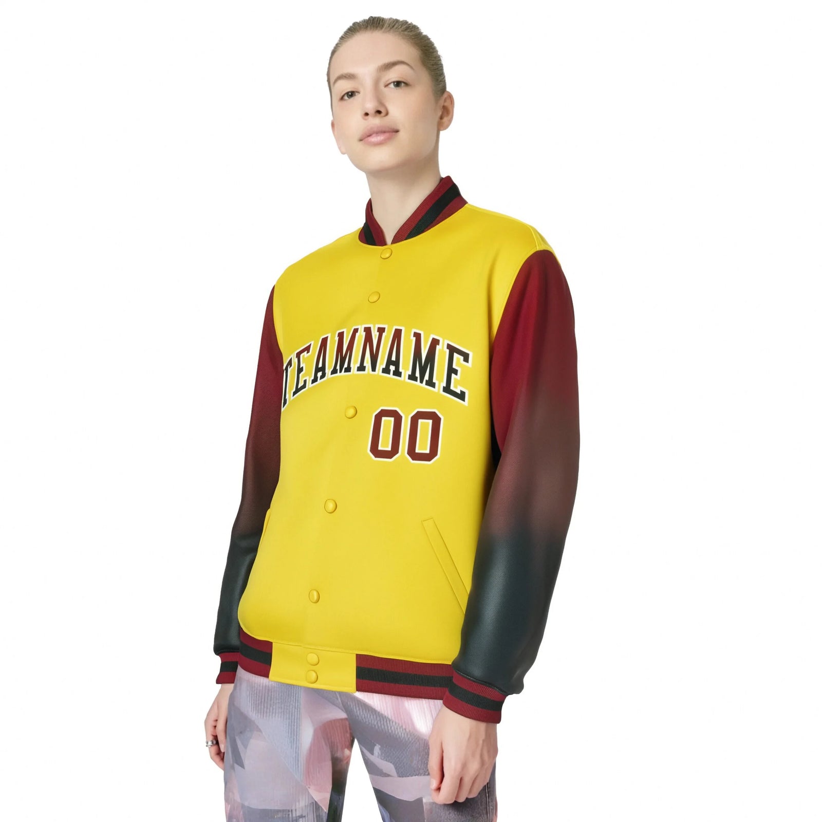 Custom Gold Crimson-Dark Gray Varsity Full-Snap Sleeve Gradient Fashion Letterman Baseball Jacket