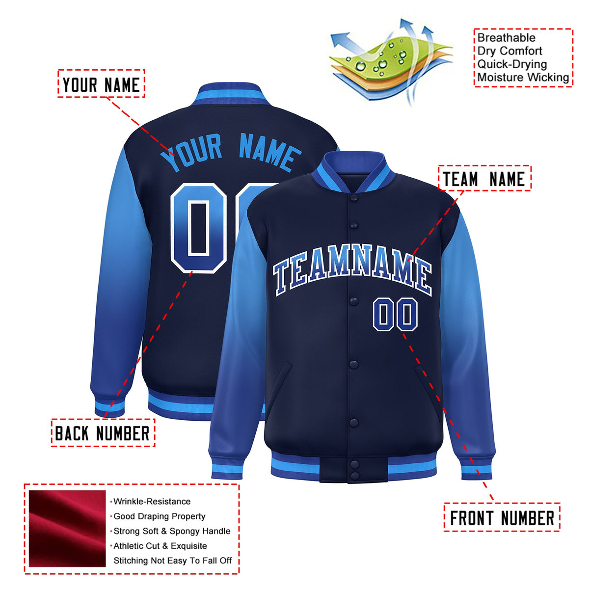 Custom Navy Light Blue-Royal Blue Varsity Full-Snap Sleeve Gradient Fashion Letterman Baseball Jacket