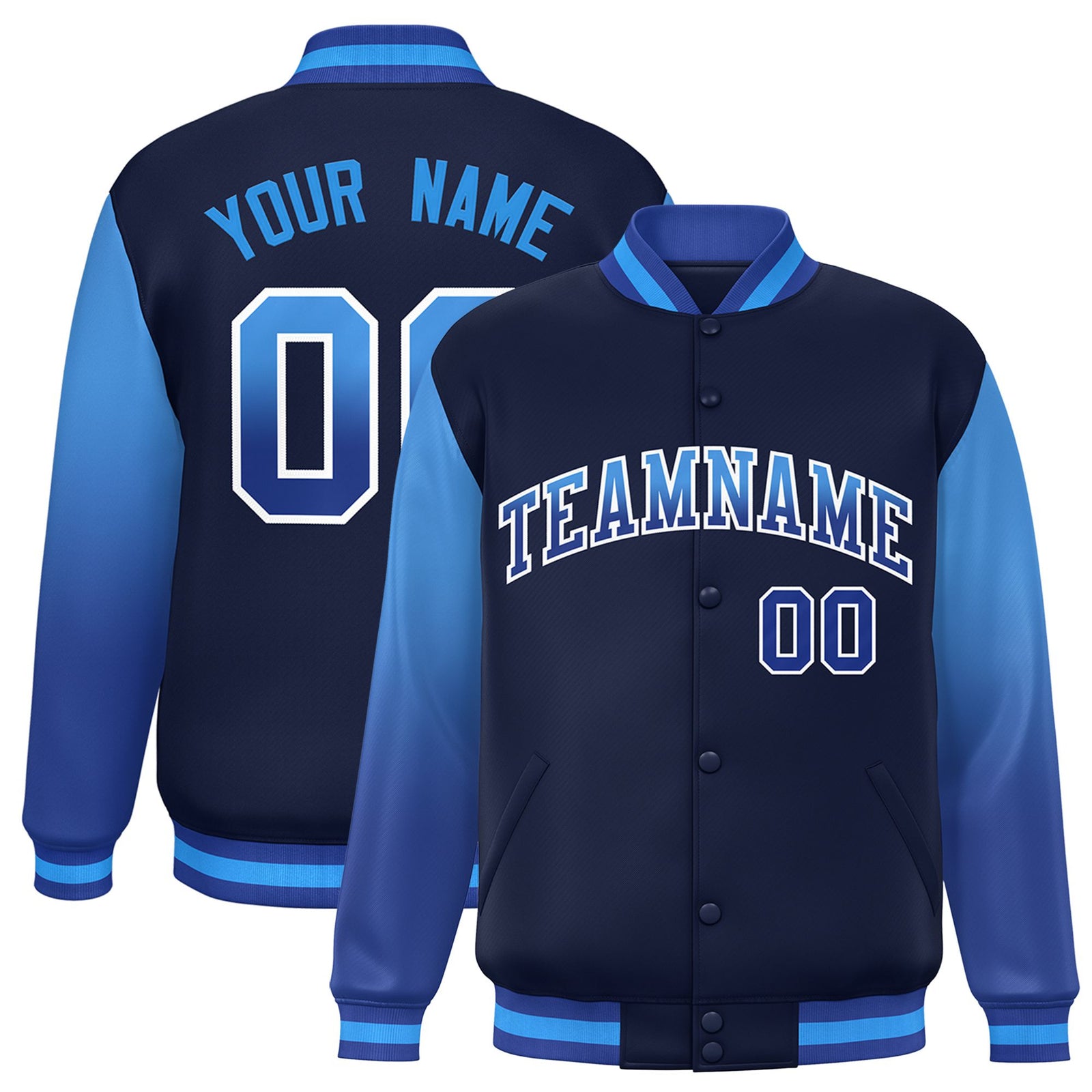 Custom Navy Light Blue-Royal Blue Varsity Full-Snap Sleeve Gradient Fashion Letterman Baseball Jacket