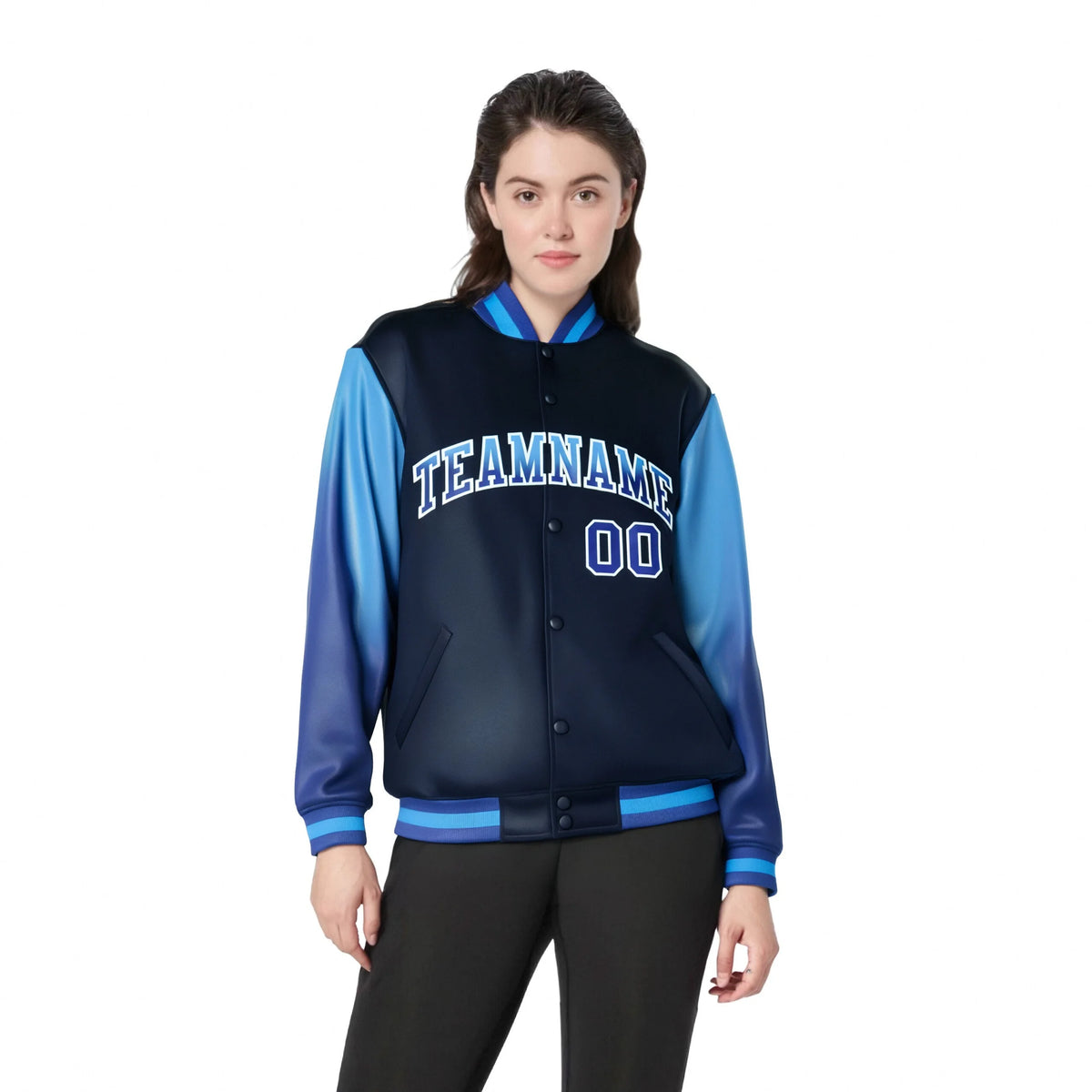 Custom Navy Light Blue-Royal Blue Varsity Full-Snap Sleeve Gradient Fashion Letterman Baseball Jacket