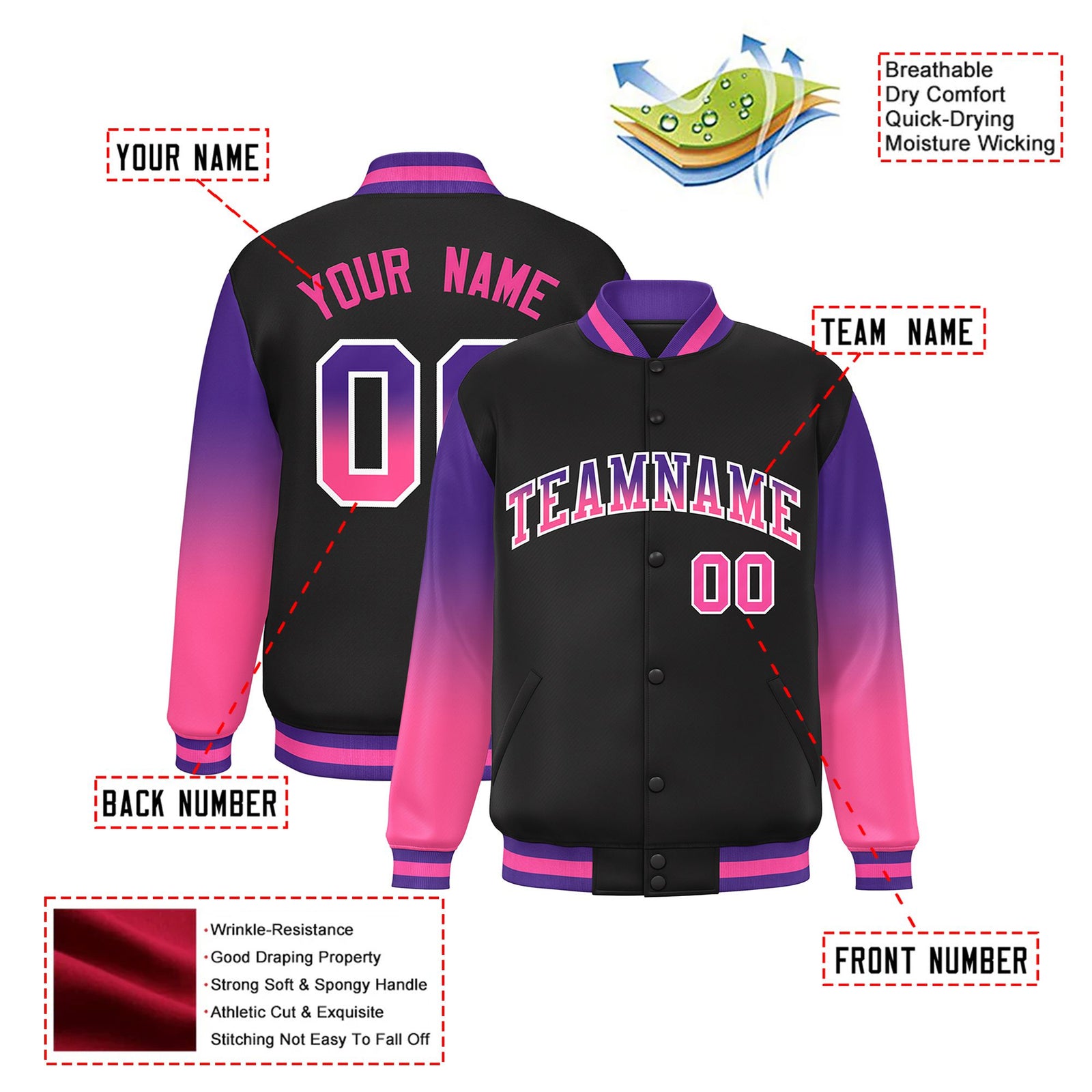Custom Black Purple-Pink Varsity Full-Snap Sleeve Gradient Fashion Letterman Baseball Jacket