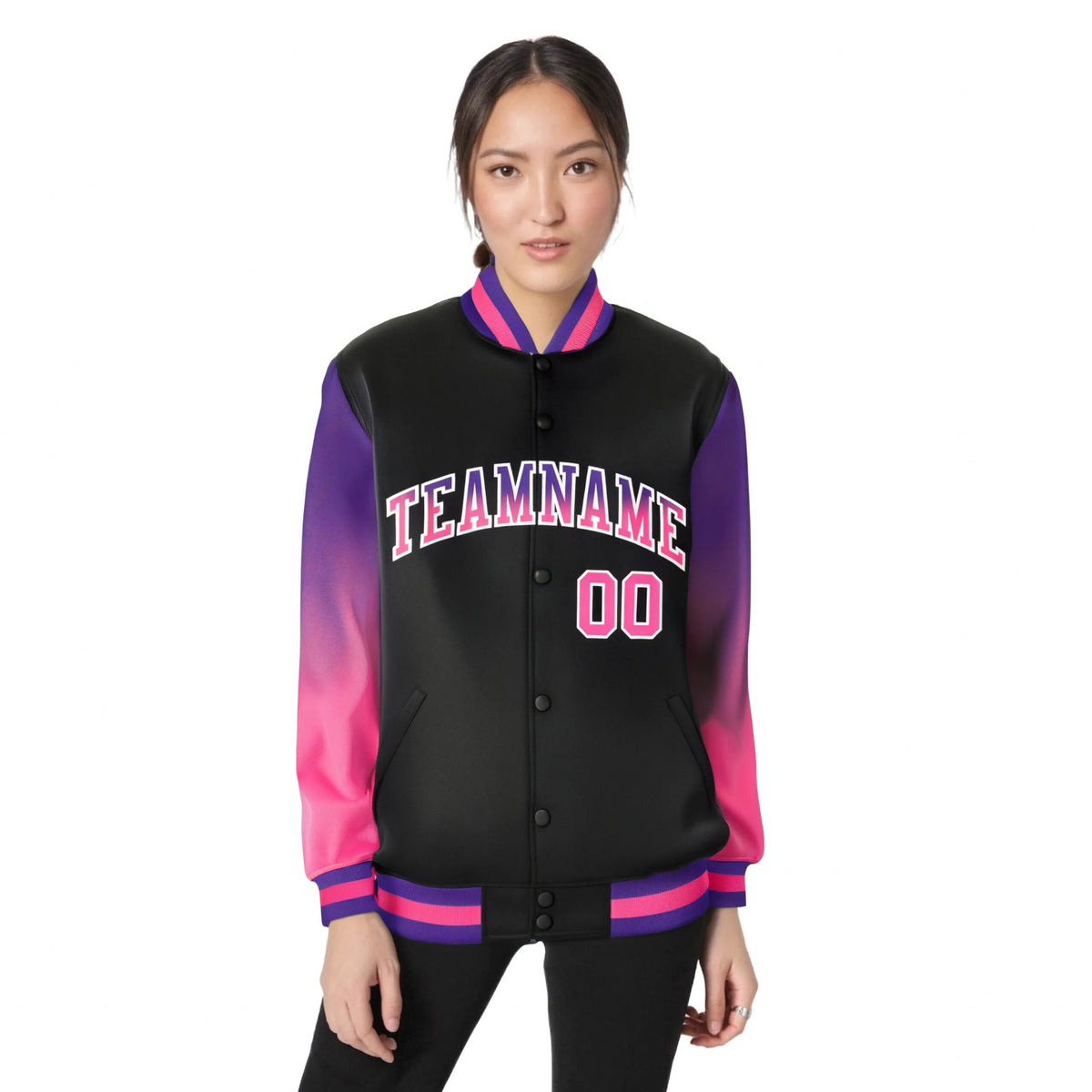 Custom Black Purple-Pink Varsity Full-Snap Sleeve Gradient Fashion Letterman Baseball Jacket