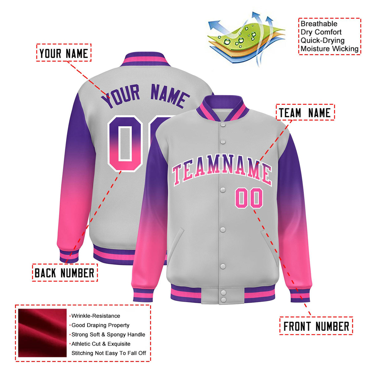 Custom Gray Purple-Pink Varsity Full-Snap Sleeve Gradient Fashion Letterman Baseball Jacket