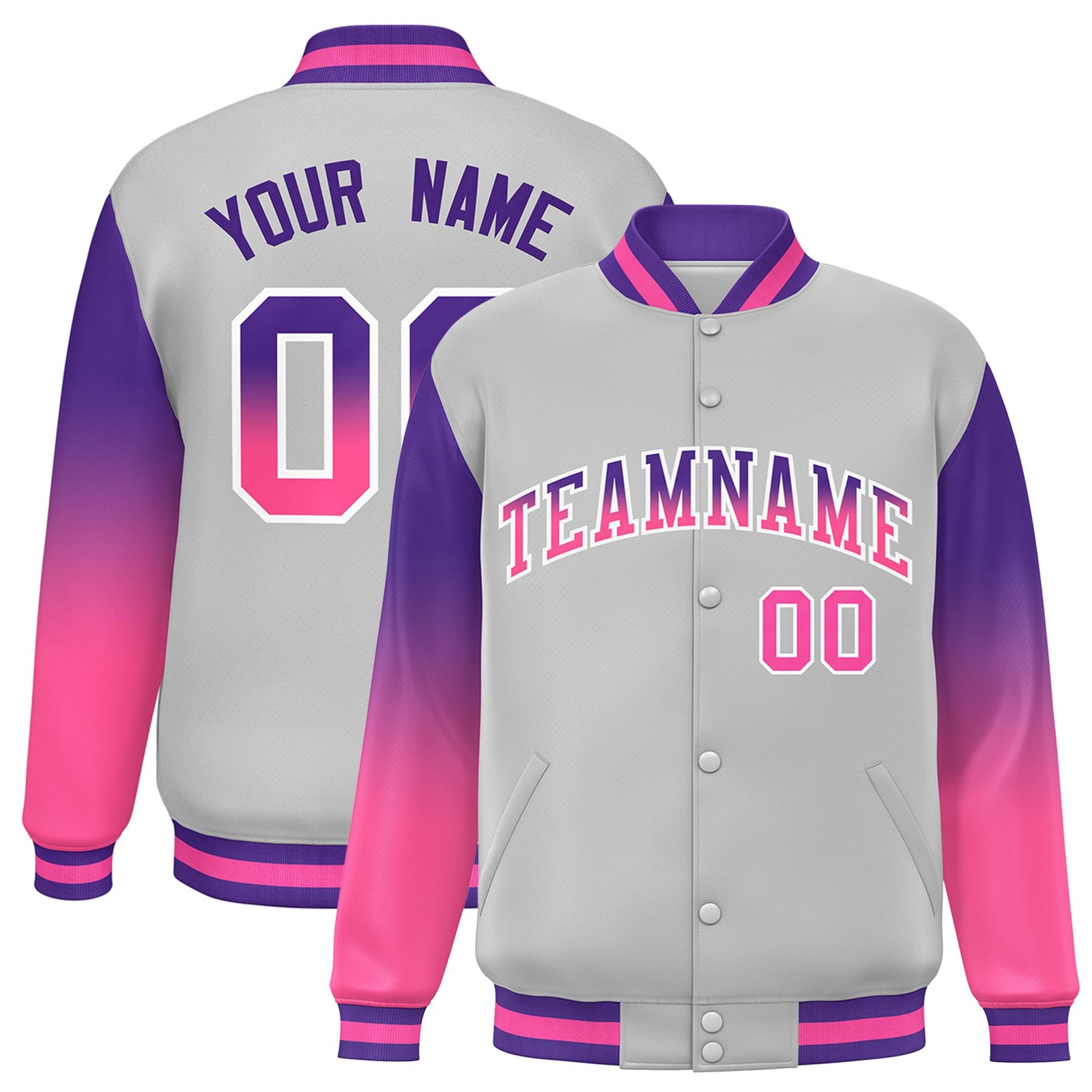 Custom Gray Purple-Pink Varsity Full-Snap Sleeve Gradient Fashion Letterman Baseball Jacket