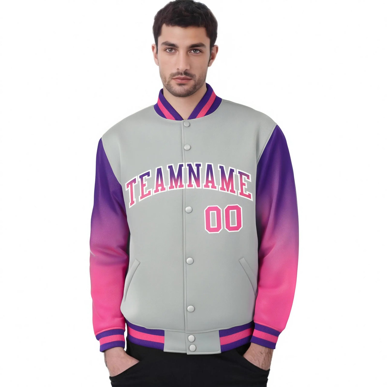 Custom Gray Purple-Pink Varsity Full-Snap Sleeve Gradient Fashion Letterman Baseball Jacket