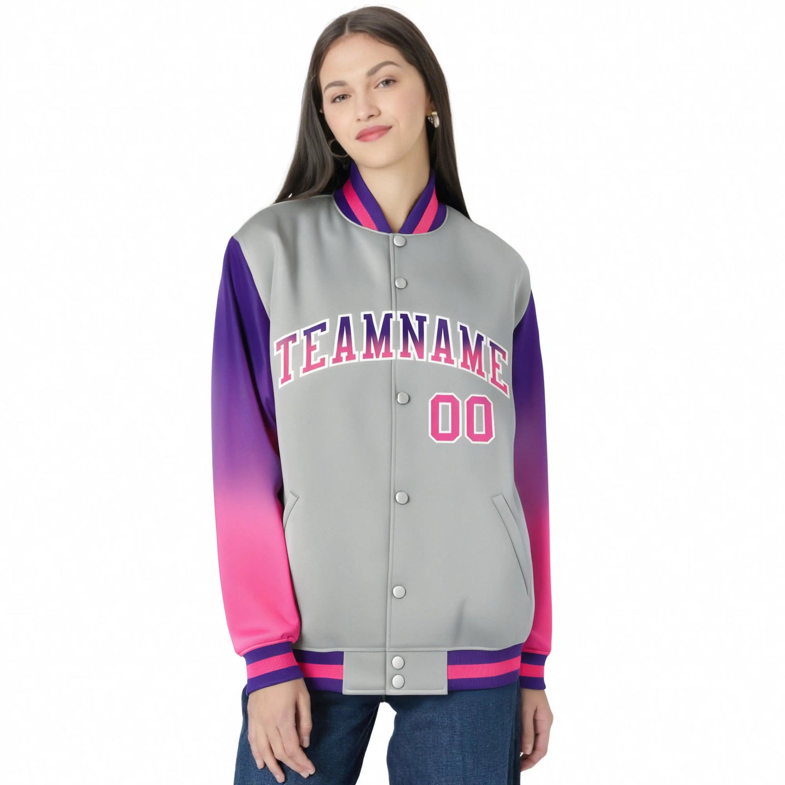 Custom Gray Purple-Pink Varsity Full-Snap Sleeve Gradient Fashion Letterman Baseball Jacket