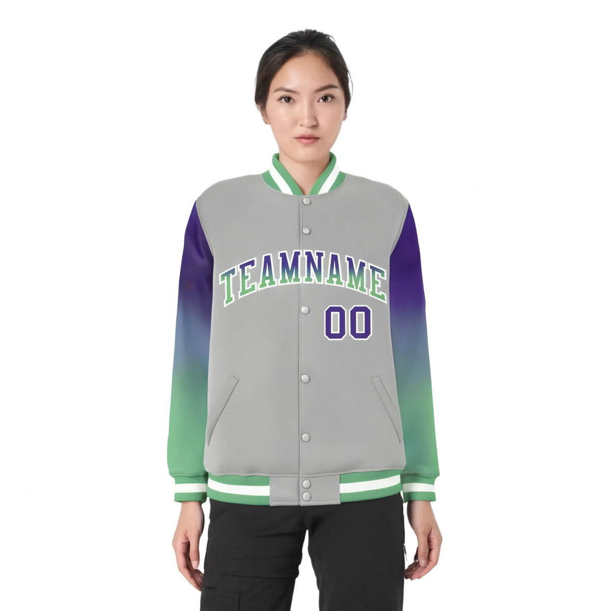 Custom Gray Purple-Bright Green Varsity Full-Snap Sleeve Gradient Fashion Letterman Baseball Jacket