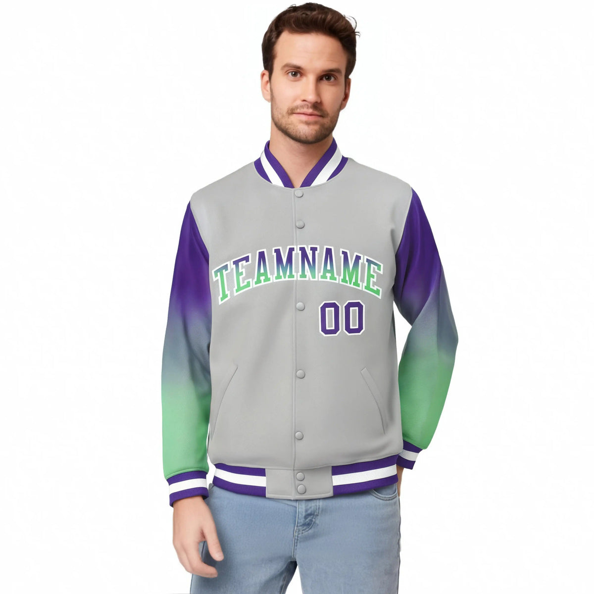 Custom Gray Purple-Bright Green Varsity Full-Snap Sleeve Gradient Fashion Letterman Baseball Jacket
