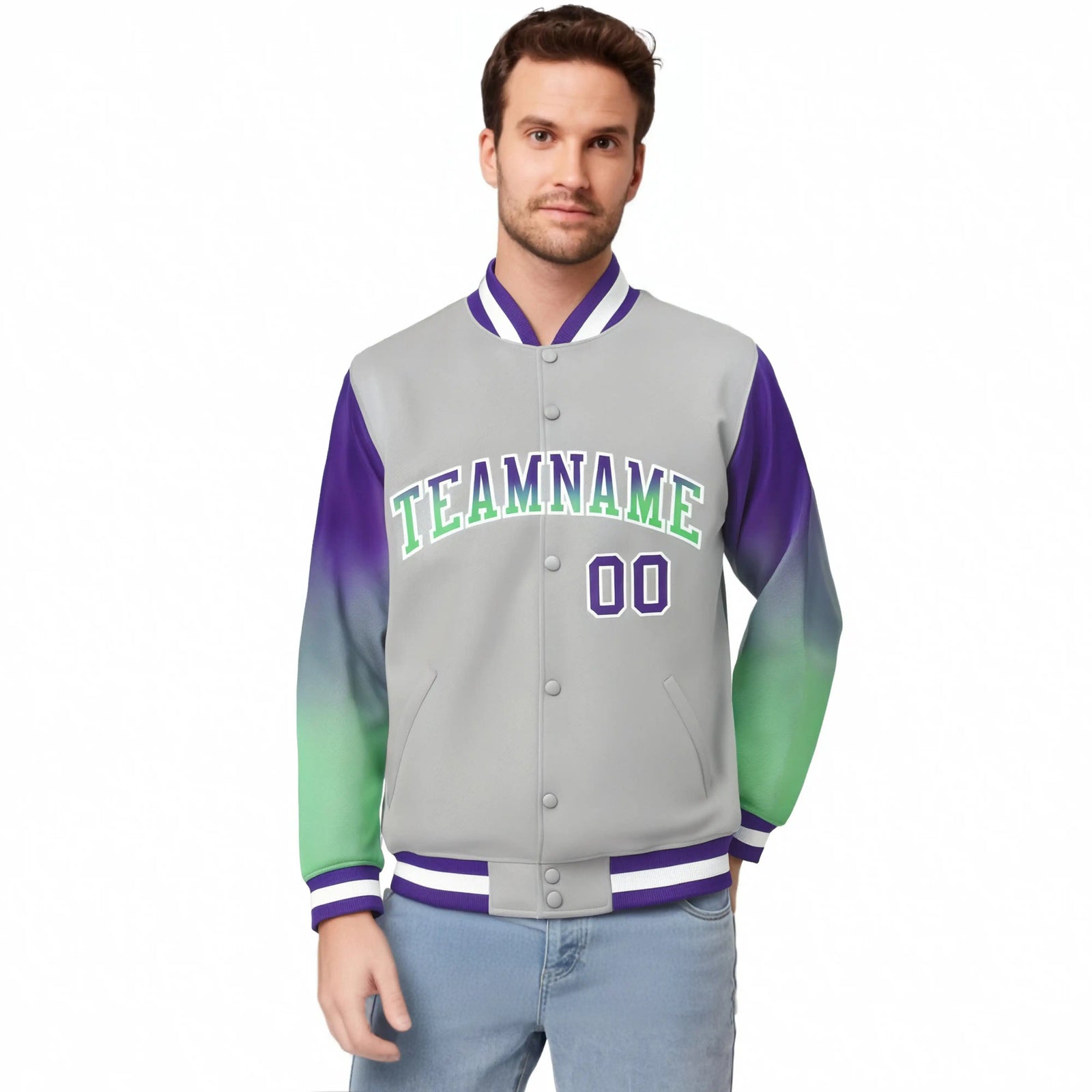 Custom Gray Purple-Bright Green Varsity Full-Snap Sleeve Gradient Fashion Letterman Baseball Jacket