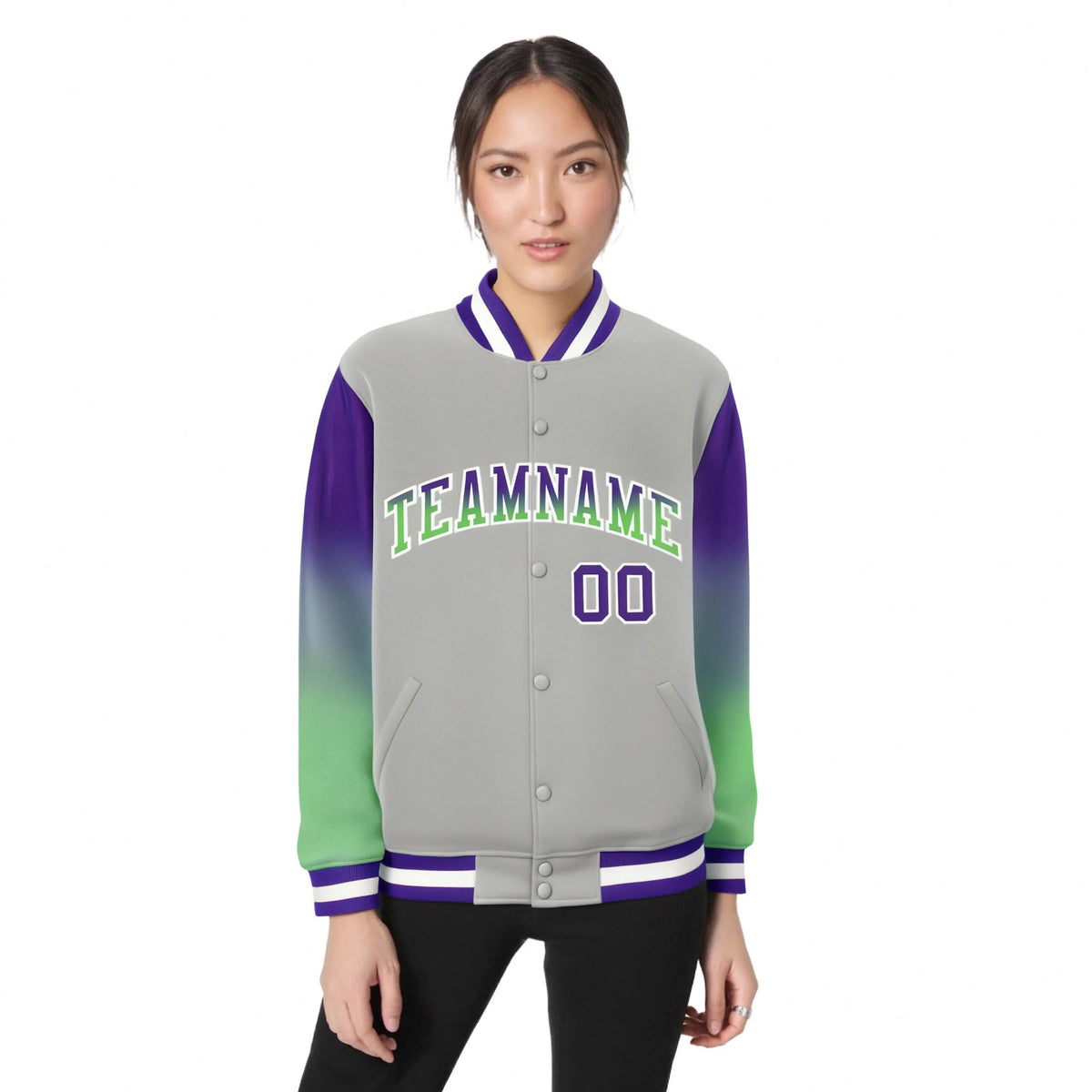 Custom Gray Purple-Bright Green Varsity Full-Snap Sleeve Gradient Fashion Letterman Baseball Jacket
