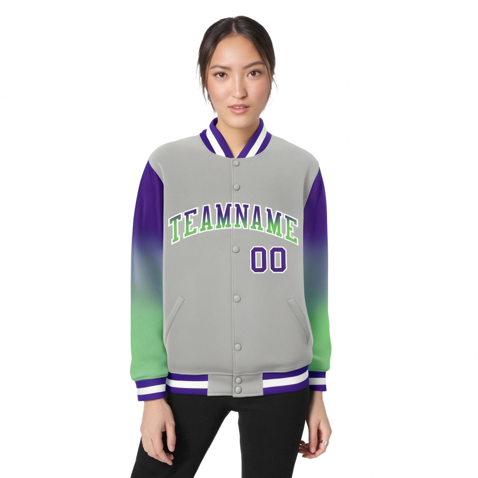 Custom Gray Purple-Bright Green Varsity Full-Snap Sleeve Gradient Fashion Letterman Baseball Jacket