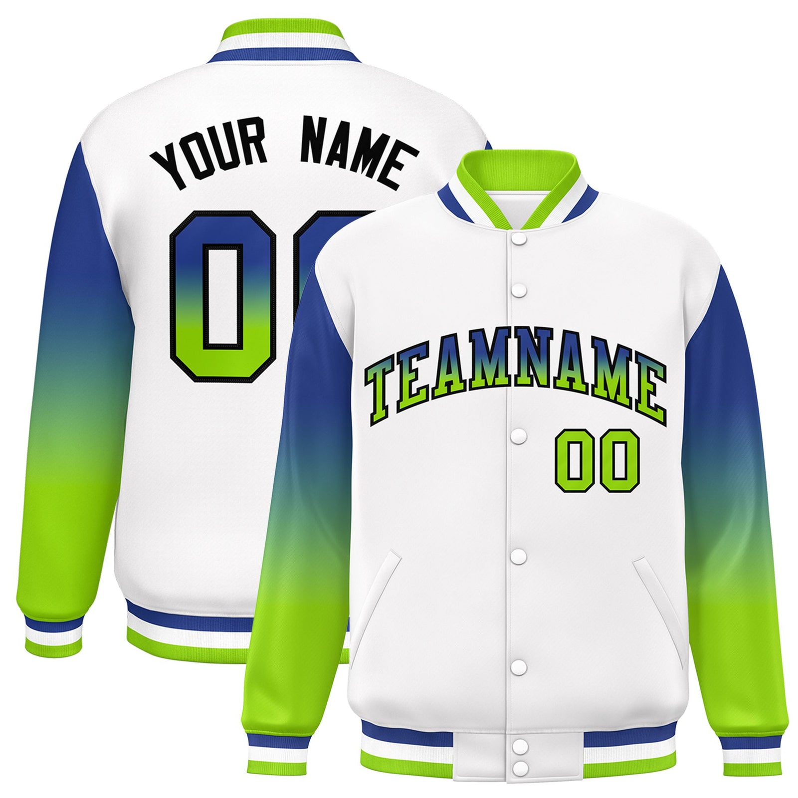 Custom White Royal Blue-Neon Green Varsity Full-Snap Sleeve Gradient Fashion Letterman Baseball Jacket