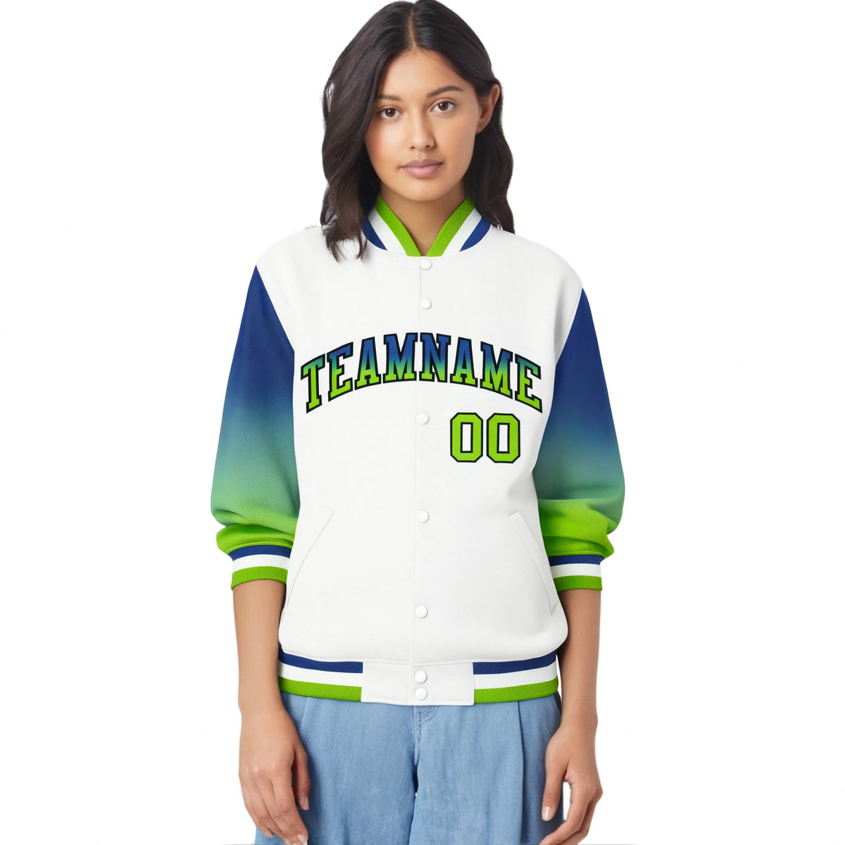 Custom White Royal Blue-Neon Green Varsity Full-Snap Sleeve Gradient Fashion Letterman Baseball Jacket