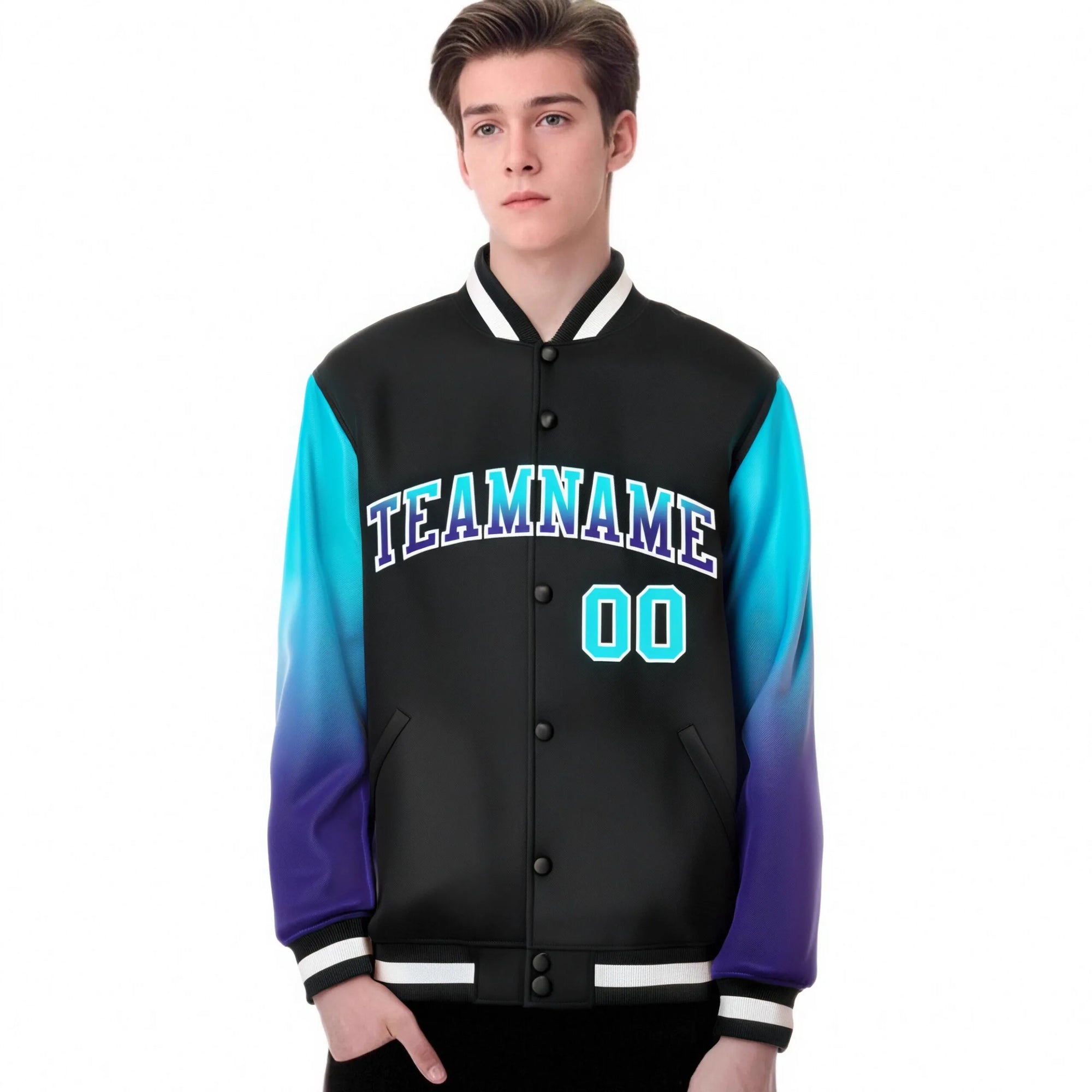 Custom Black Sky Blue-Purple Varsity Full-Snap Sleeve Gradient Fashion Letterman Baseball Jacket