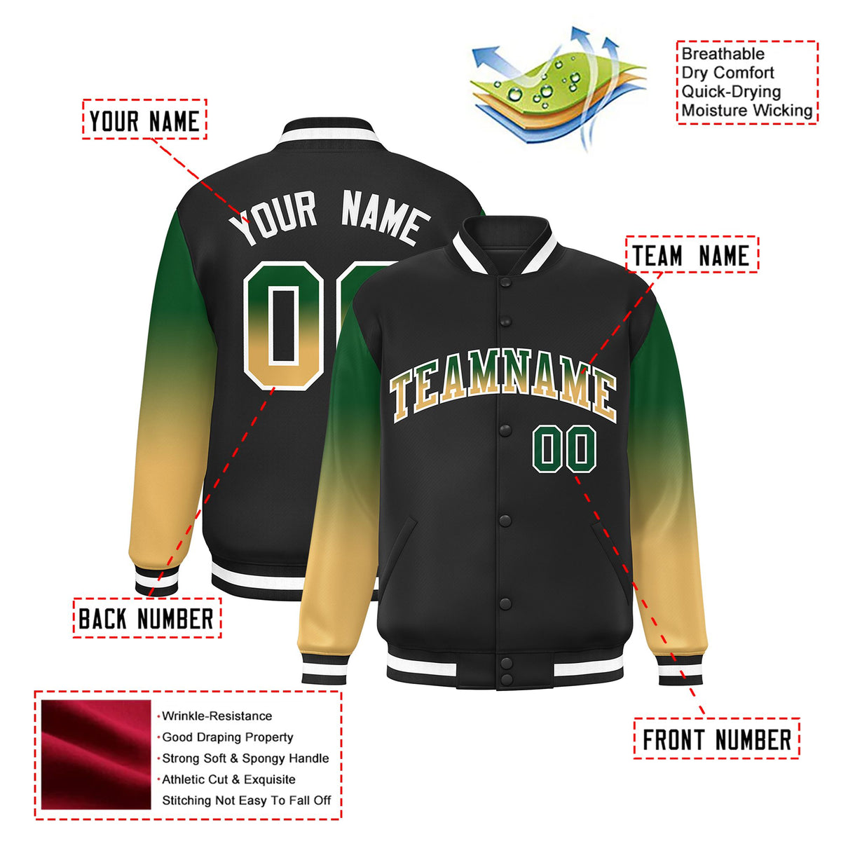 Custom Black Green-Khaki Varsity Full-Snap Sleeve Gradient Fashion Letterman Baseball Jacket