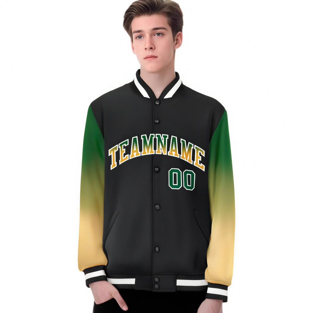 Custom Black Green-Khaki Varsity Full-Snap Sleeve Gradient Fashion Letterman Baseball Jacket