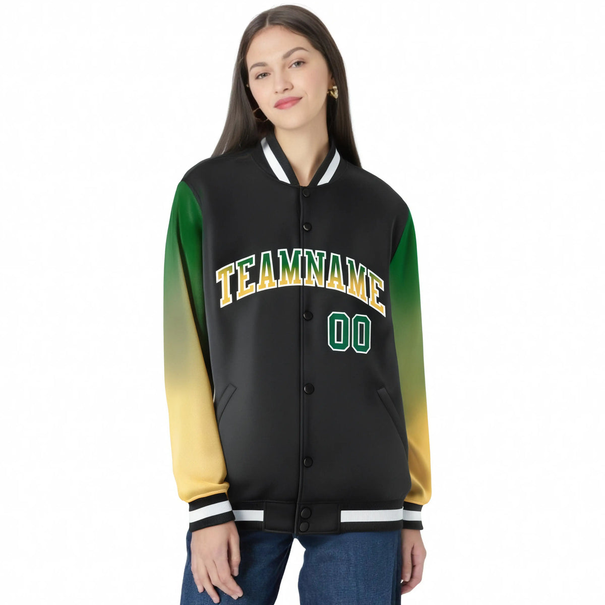 Custom Black Green-Khaki Varsity Full-Snap Sleeve Gradient Fashion Letterman Baseball Jacket