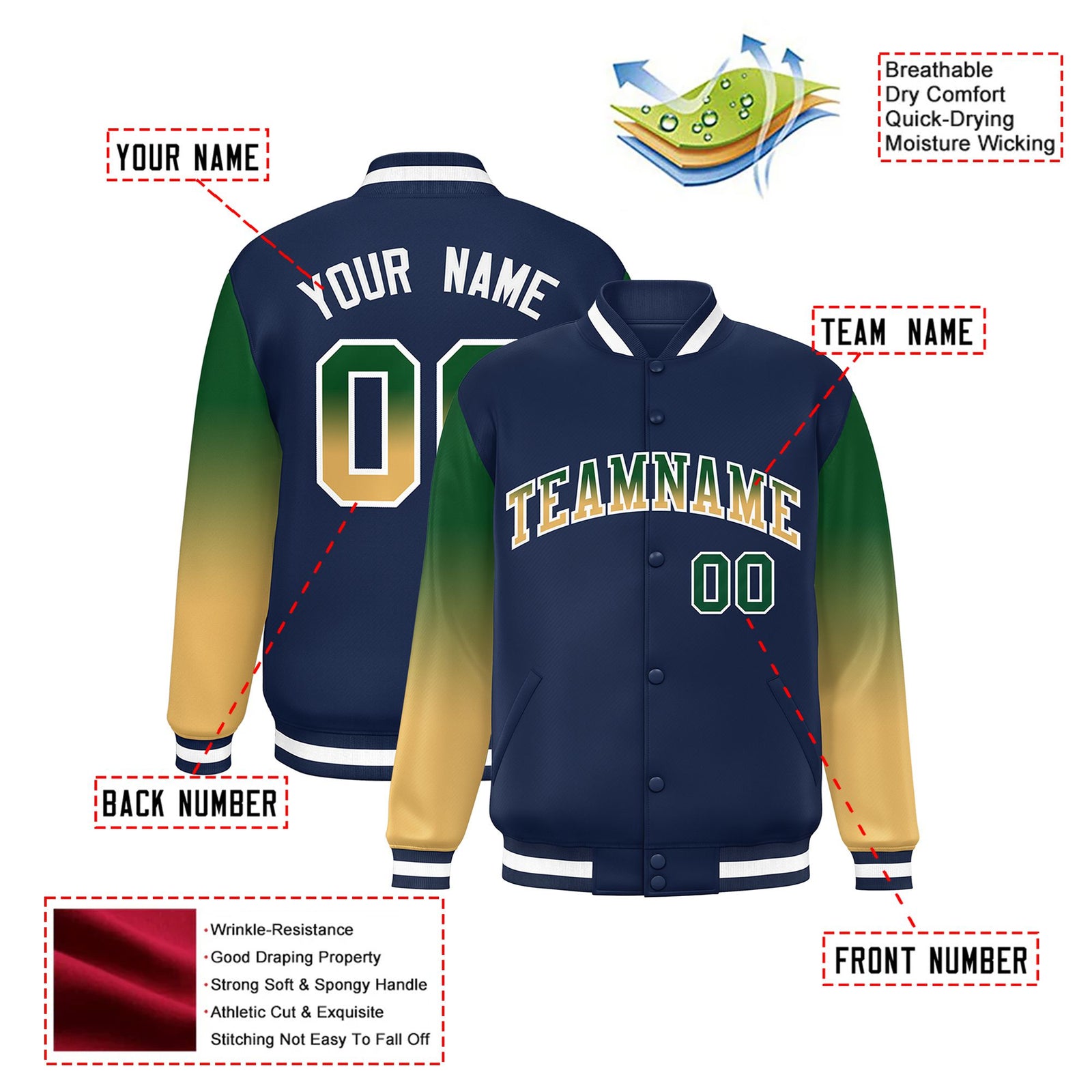 Custom Navy Green-Khaki Varsity Full-Snap Sleeve Gradient Fashion Letterman Baseball Jacket