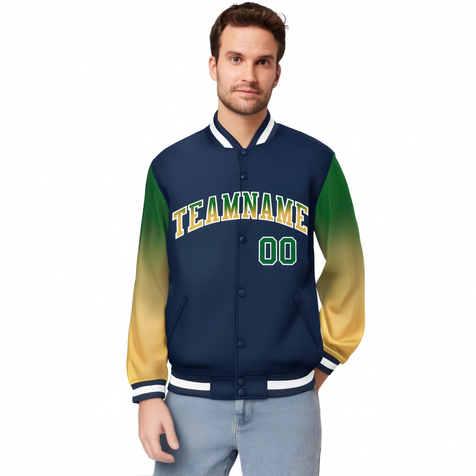 Custom Navy Green-Khaki Varsity Full-Snap Sleeve Gradient Fashion Letterman Baseball Jacket