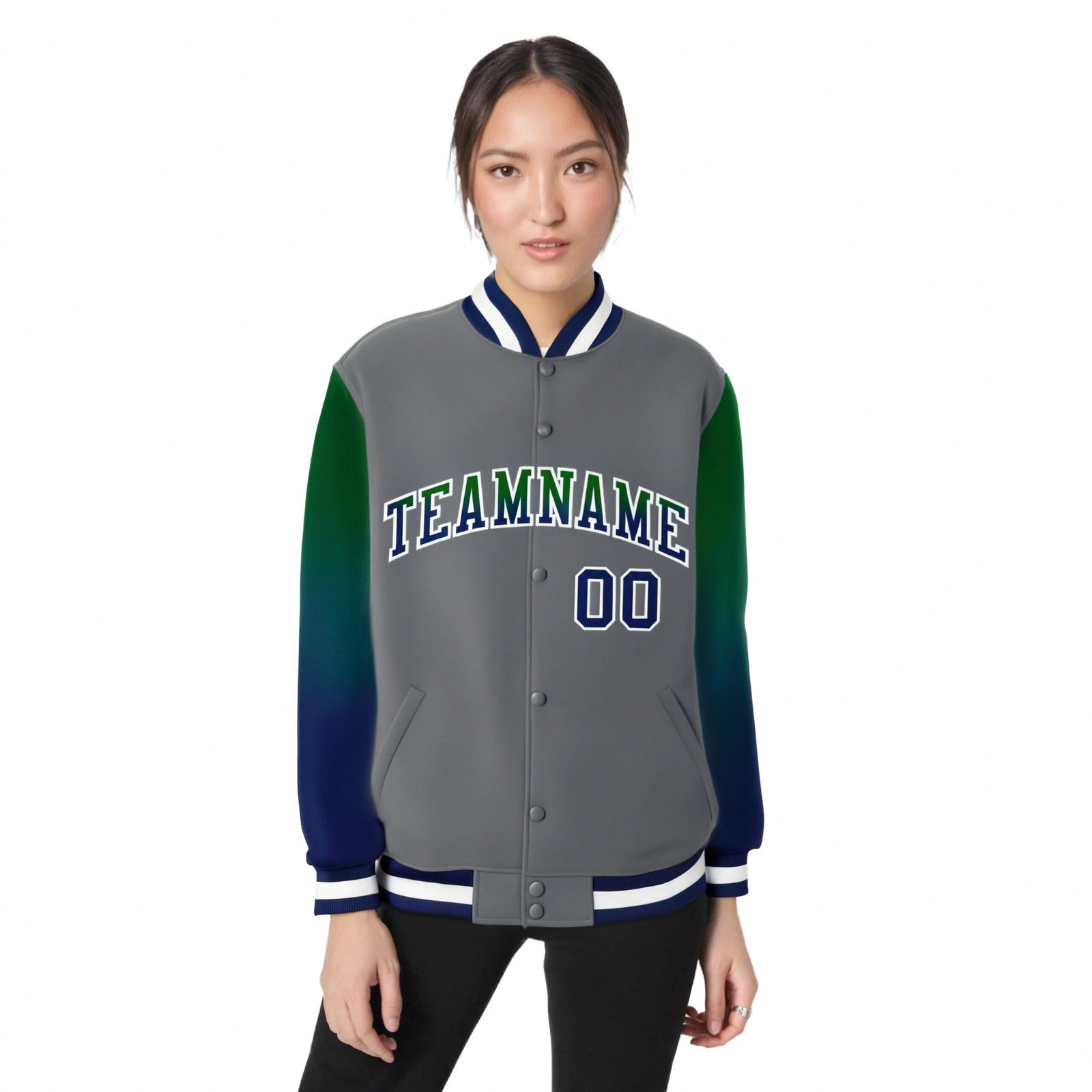 Custom Dark Gray Green-Royal Blue Varsity Full-Snap Sleeve Gradient Fashion Letterman Baseball Jacket