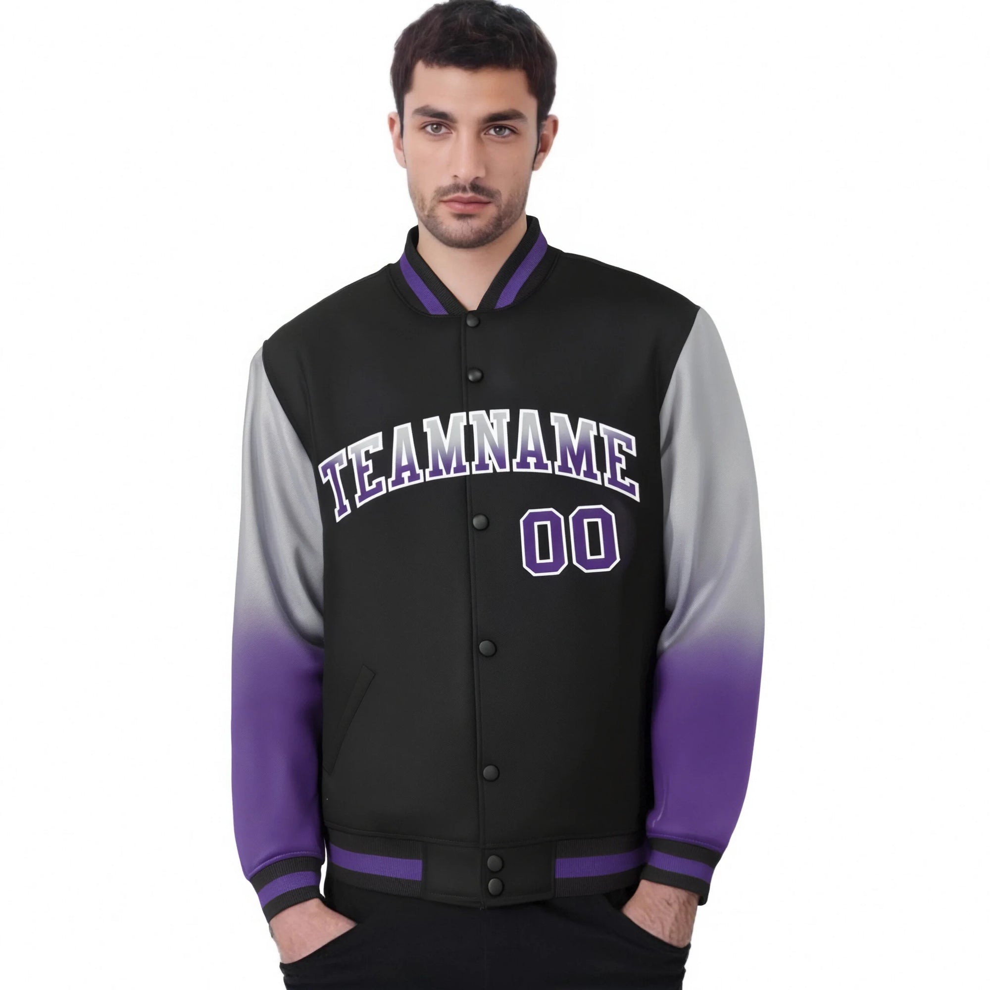 Custom Black Gray-Purple Varsity Full-Snap Sleeve Gradient Fashion Letterman Baseball Jacket