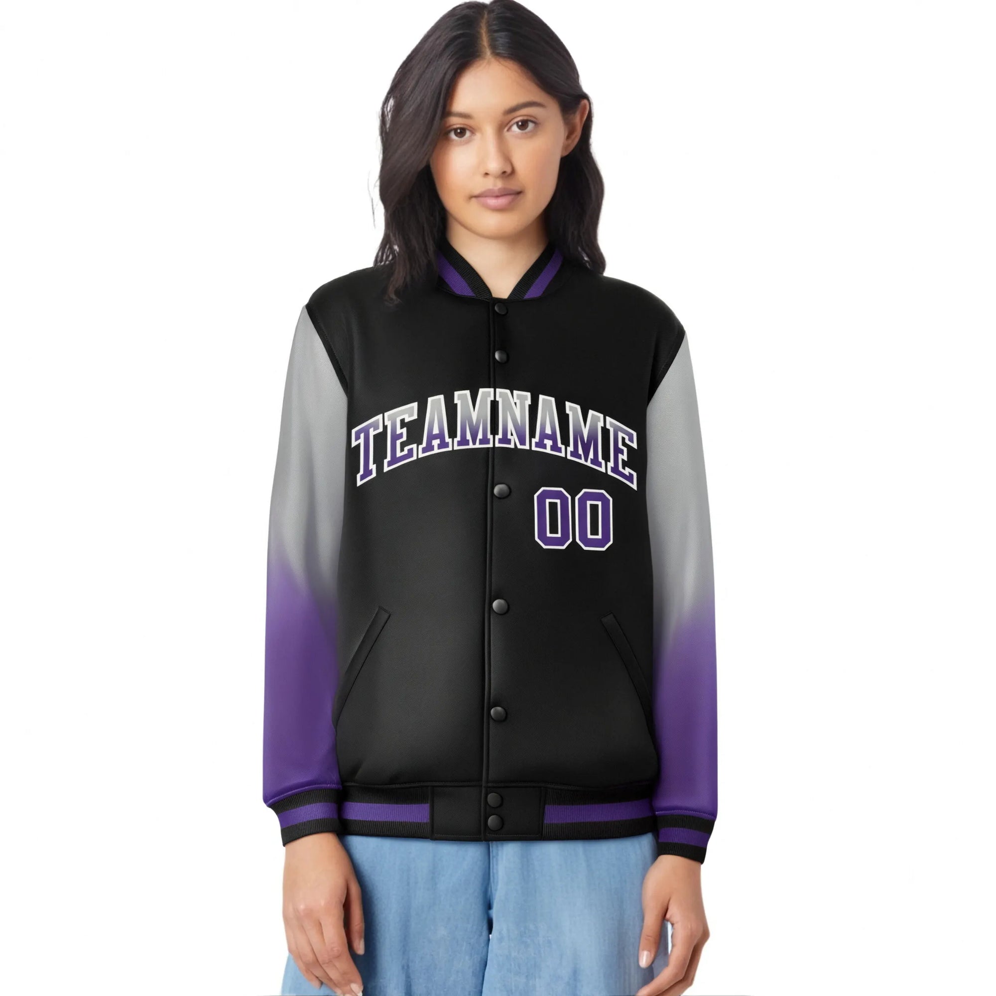 Custom Black Gray-Purple Varsity Full-Snap Sleeve Gradient Fashion Letterman Baseball Jacket