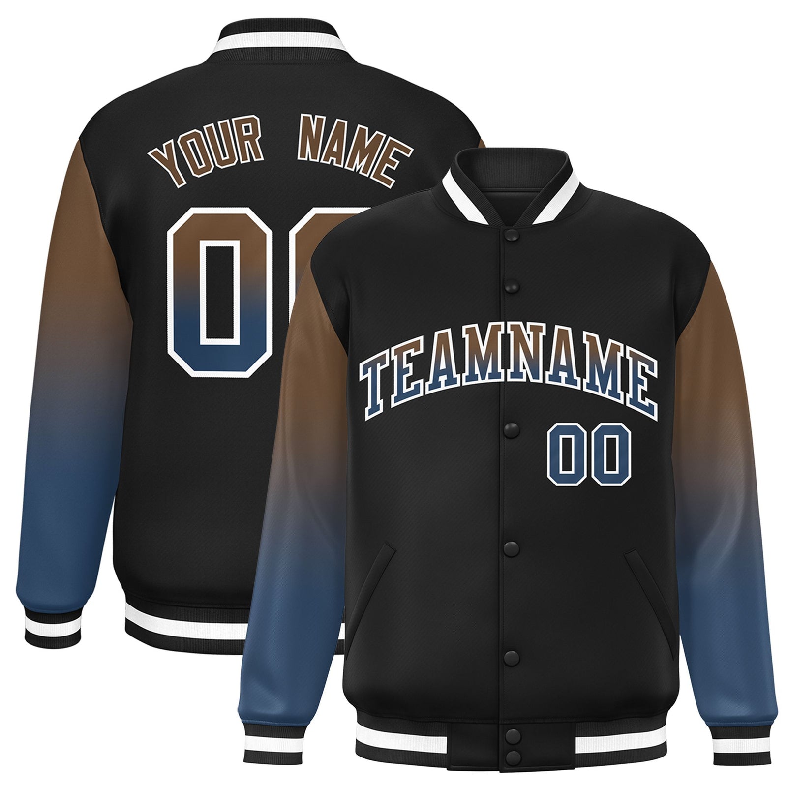 Custom Black Light Brown-Midnight Blue Varsity Full-Snap Sleeve Gradient Fashion Letterman Baseball Jacket