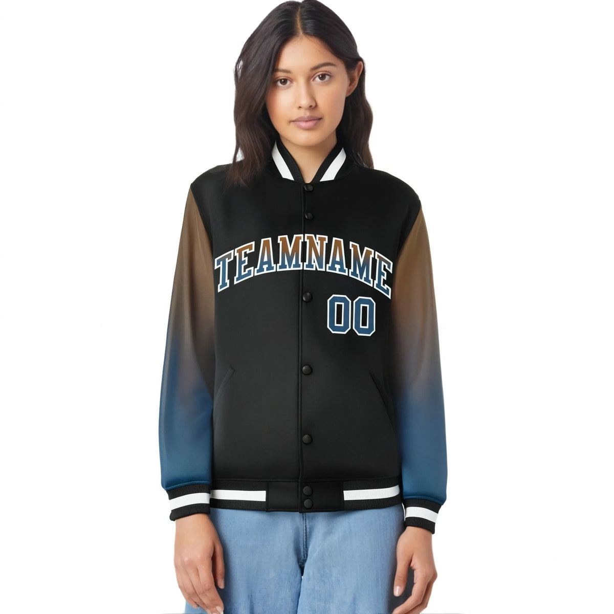 Custom Black Light Brown-Midnight Blue Varsity Full-Snap Sleeve Gradient Fashion Letterman Baseball Jacket