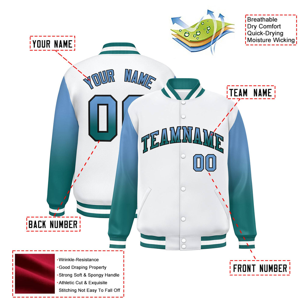 Custom White Light Blue-Aqua Varsity Full-Snap Sleeve Gradient Fashion Letterman Baseball Jacket