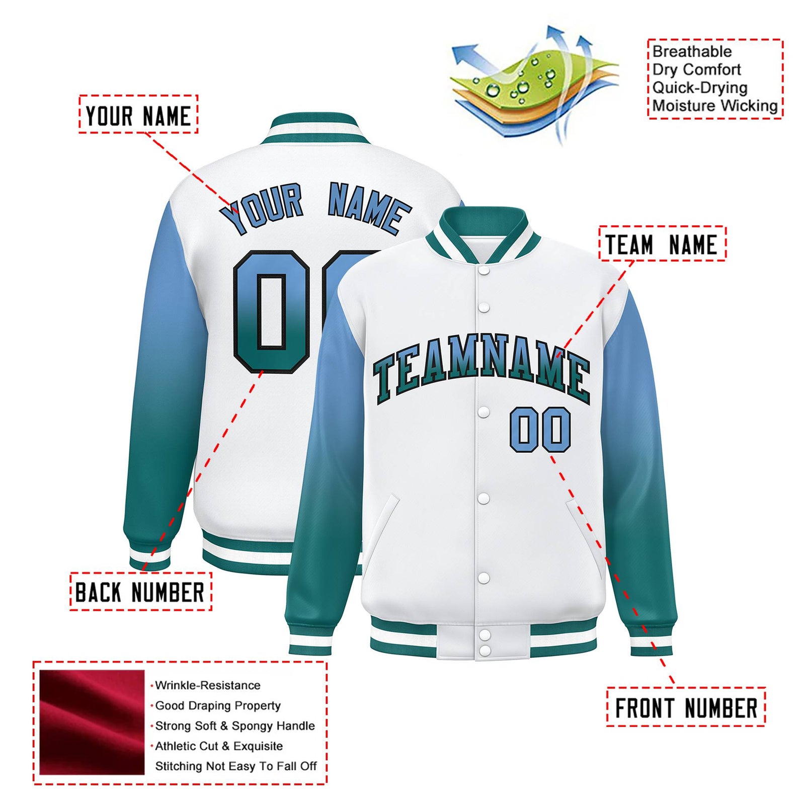 Custom White Light Blue-Aqua Varsity Full-Snap Sleeve Gradient Fashion Letterman Baseball Jacket
