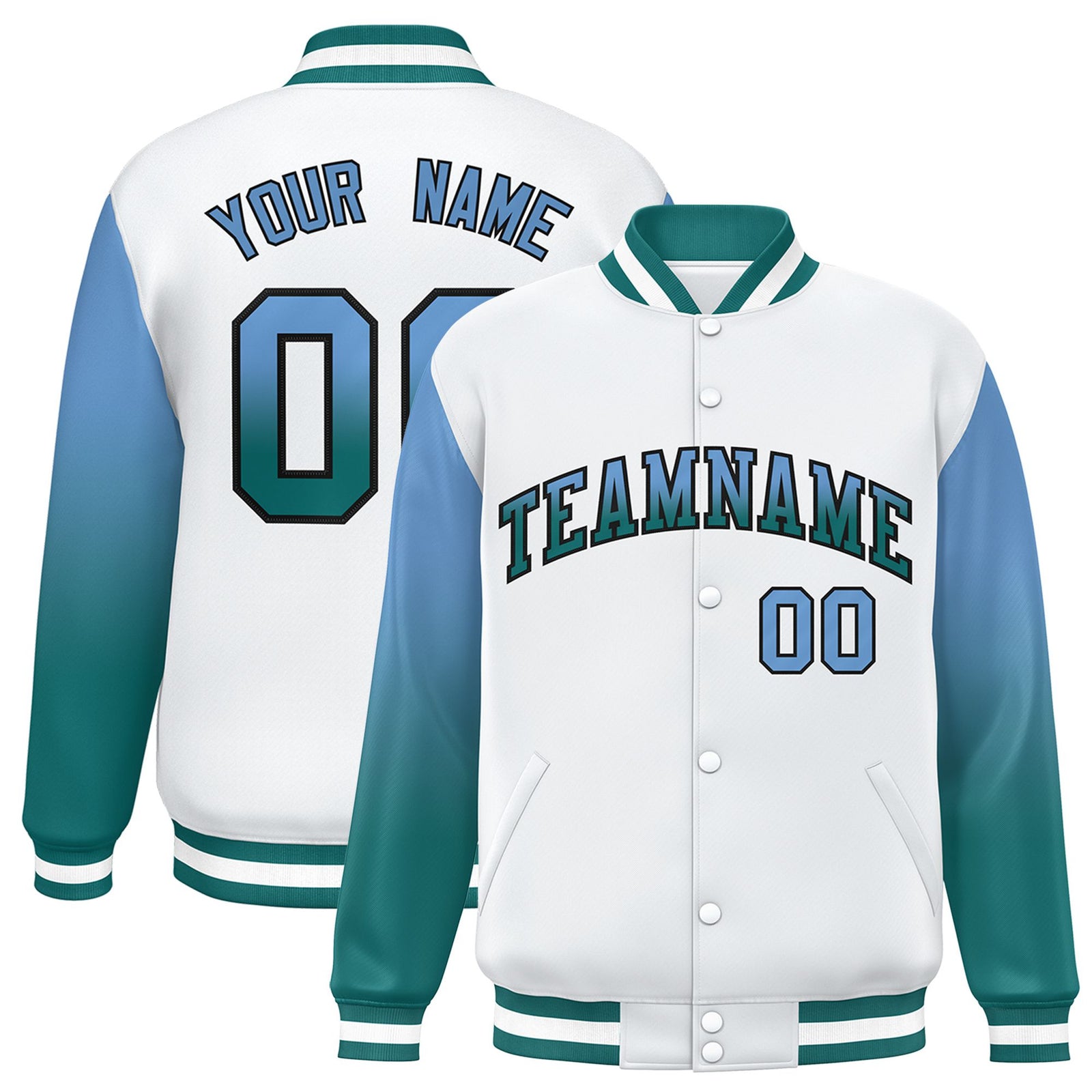 Custom White Light Blue-Aqua Varsity Full-Snap Sleeve Gradient Fashion Letterman Baseball Jacket