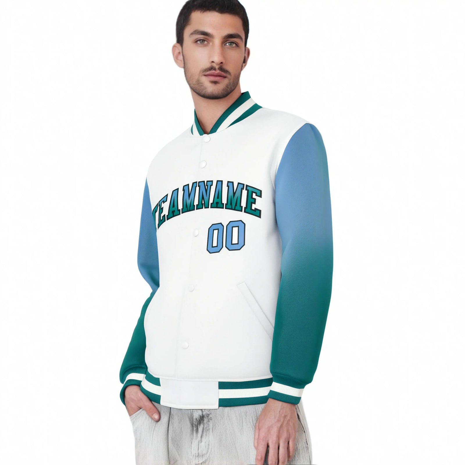 Custom White Light Blue-Aqua Varsity Full-Snap Sleeve Gradient Fashion Letterman Baseball Jacket