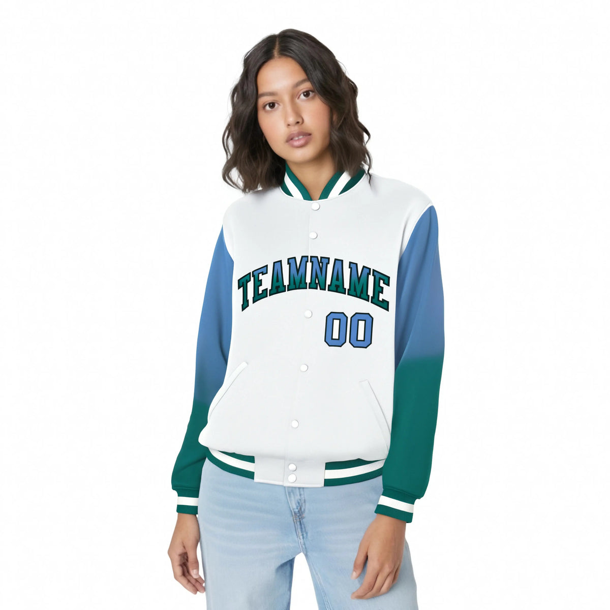 Custom White Light Blue-Aqua Varsity Full-Snap Sleeve Gradient Fashion Letterman Baseball Jacket