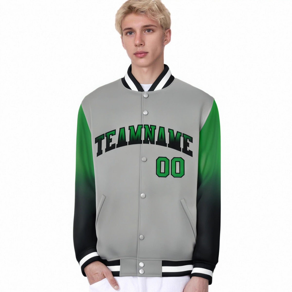 Custom Gray Kelly Green-Dark Gray Varsity Full-Snap Sleeve Gradient Fashion Letterman Baseball Jacket