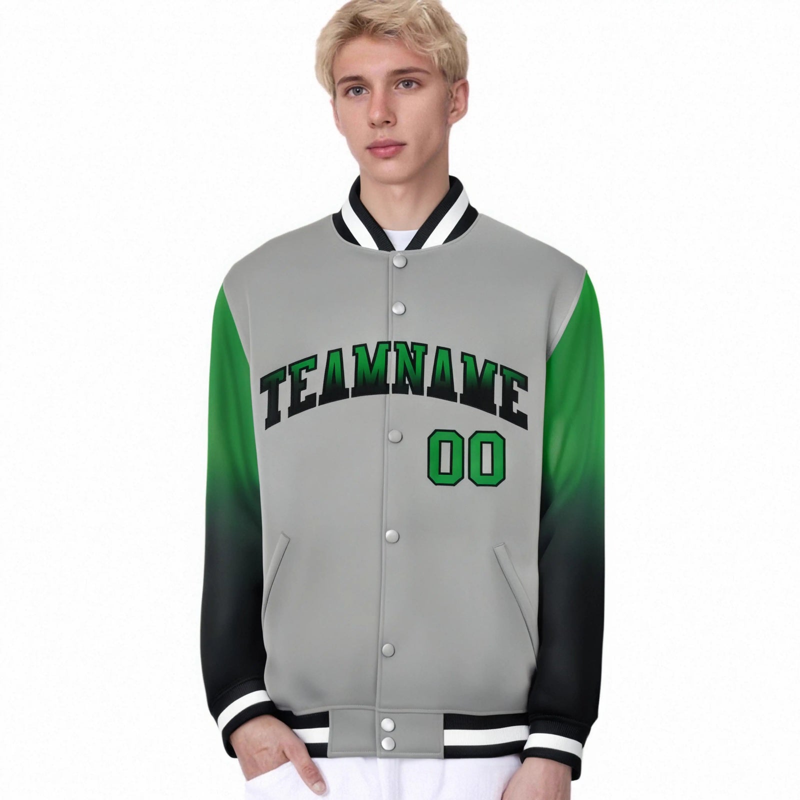 Custom Gray Kelly Green-Dark Gray Varsity Full-Snap Sleeve Gradient Fashion Letterman Baseball Jacket