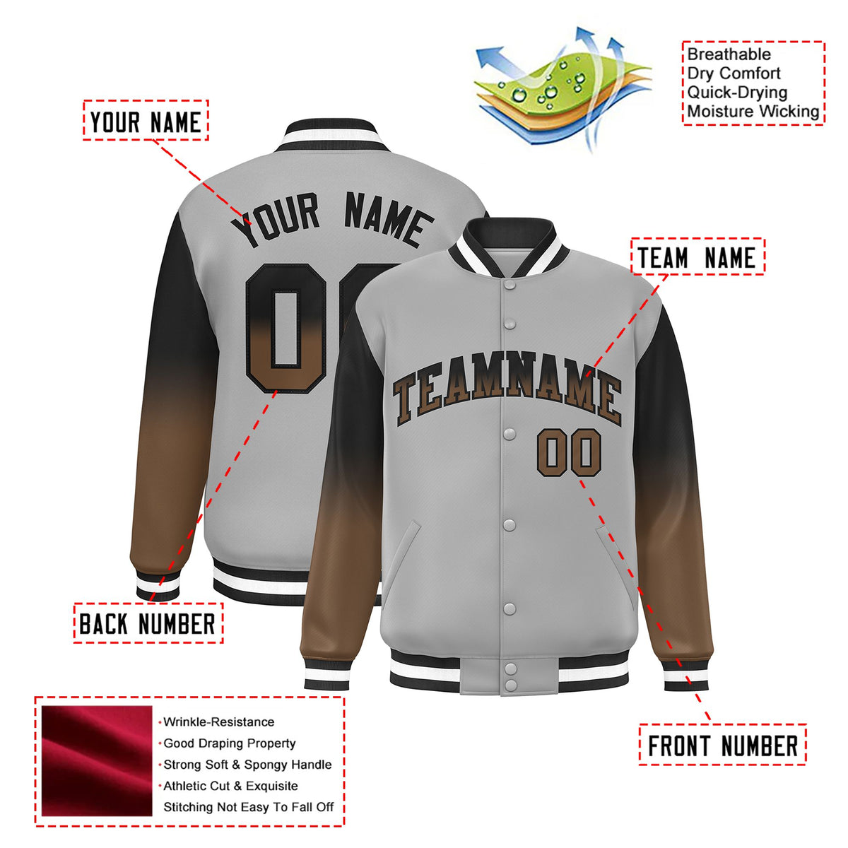 Custom Gray Brown-Light Brown Varsity Full-Snap Sleeve Gradient Fashion Letterman Baseball Jacket