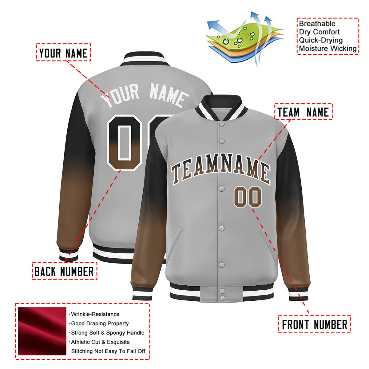 Custom Gray Brown-Light Brown Varsity Full-Snap Sleeve Gradient Fashion Letterman Baseball Jacket