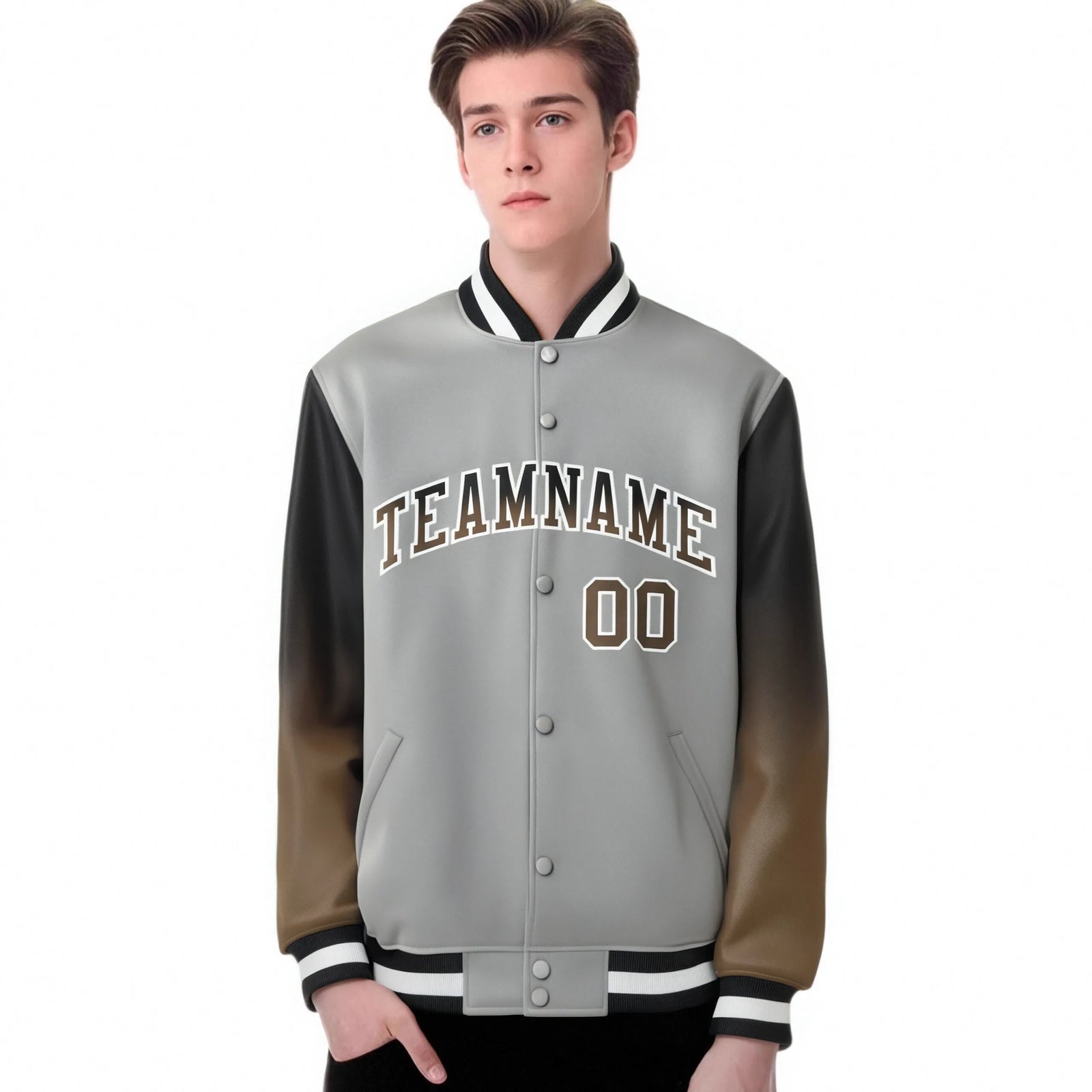 Custom Gray Brown-Light Brown Varsity Full-Snap Sleeve Gradient Fashion Letterman Baseball Jacket