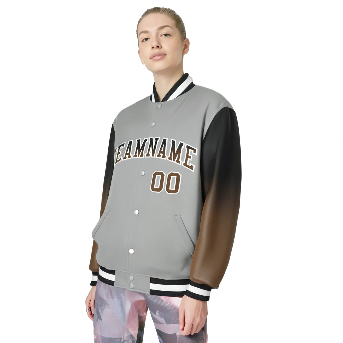 Custom Gray Brown-Light Brown Varsity Full-Snap Sleeve Gradient Fashion Letterman Baseball Jacket