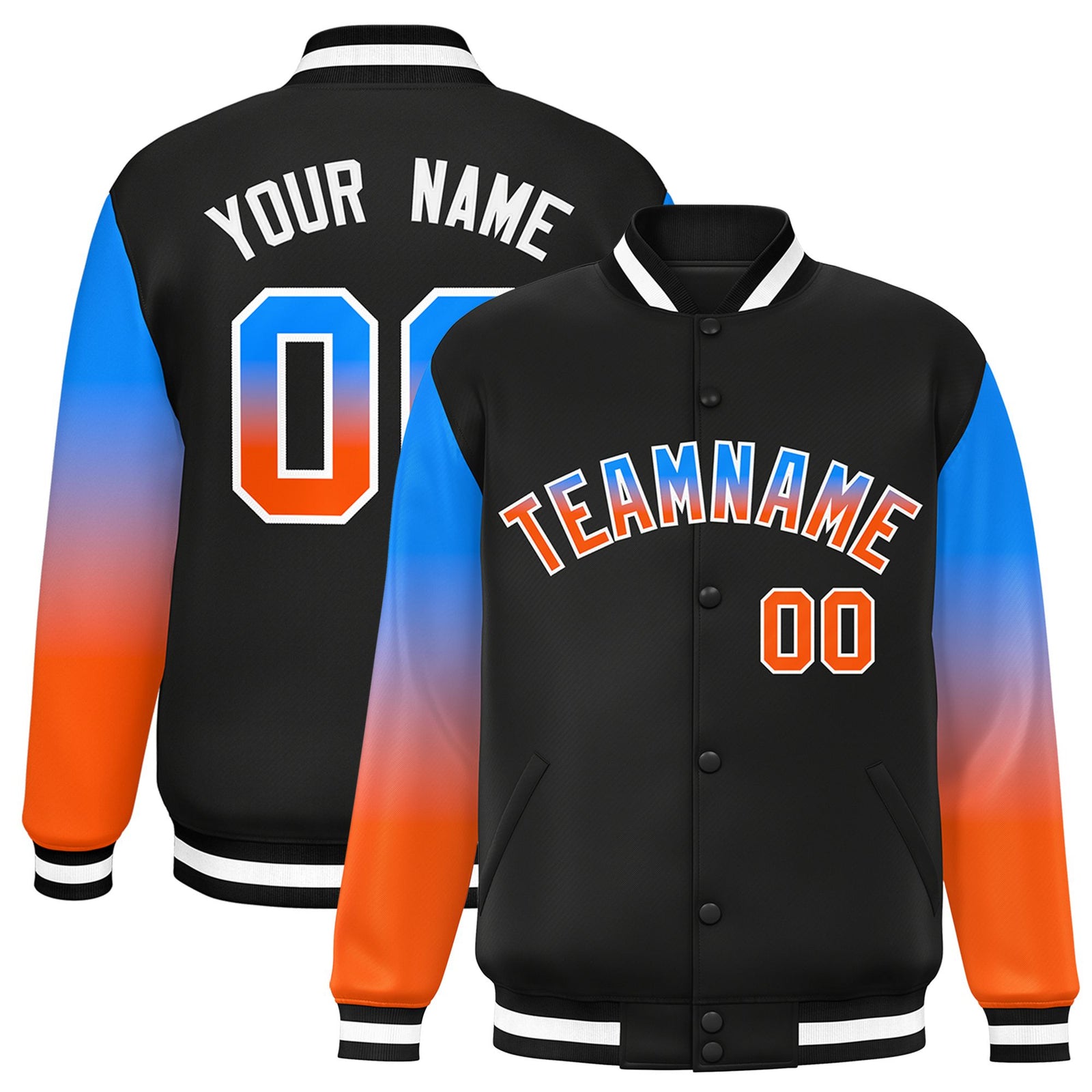 Custom Black Powder Blue-Orange Varsity Full-Snap Sleeve Gradient Fashion Letterman Baseball Jacket