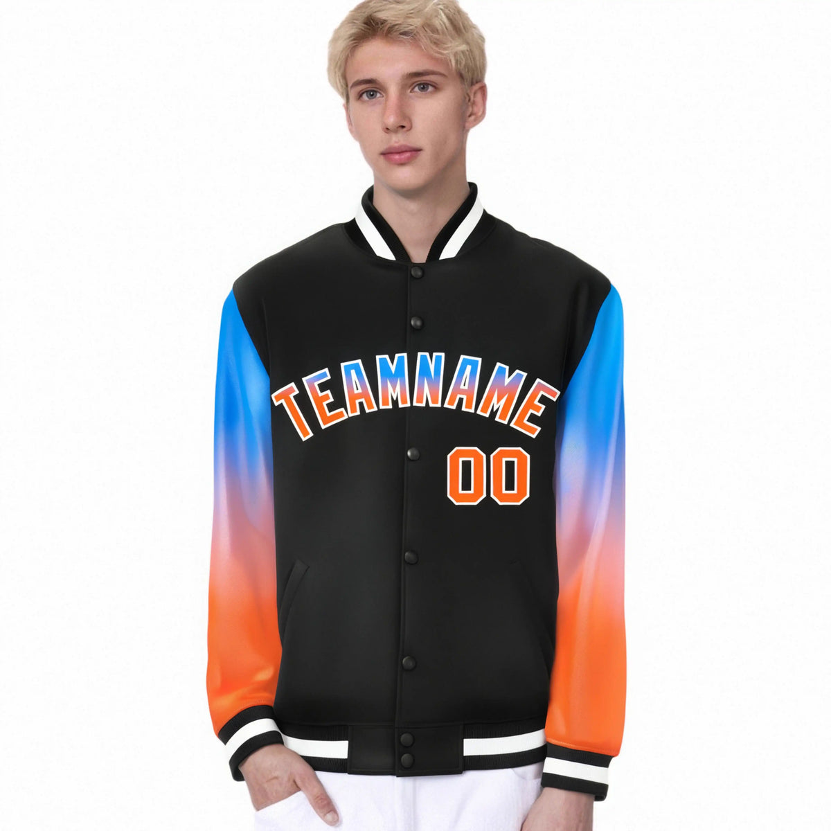 Custom Black Powder Blue-Orange Varsity Full-Snap Sleeve Gradient Fashion Letterman Baseball Jacket