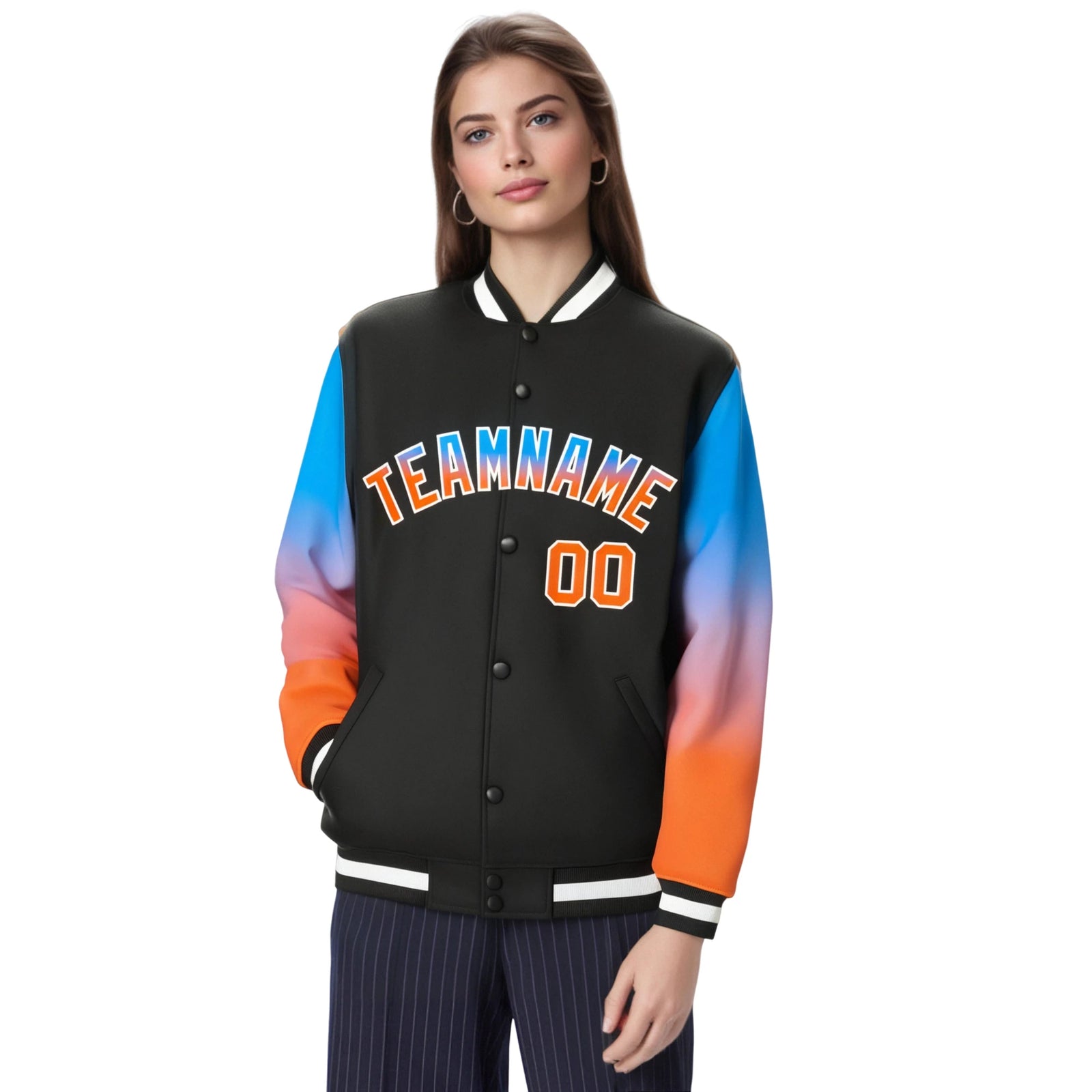 Custom Black Powder Blue-Orange Varsity Full-Snap Sleeve Gradient Fashion Letterman Baseball Jacket