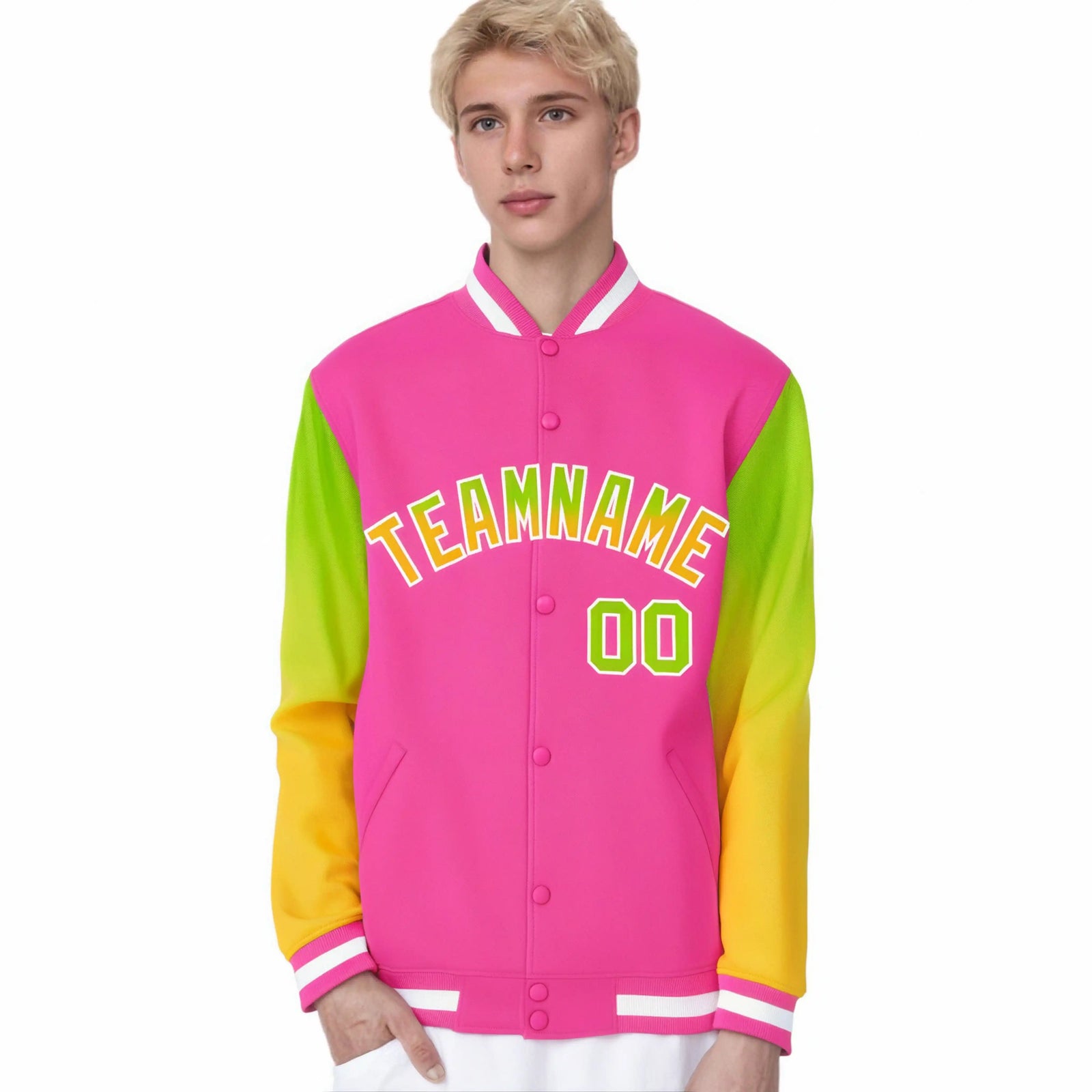 Custom Pink Neon Green-Yellow Varsity Full-Snap Sleeve Gradient Fashion Letterman Baseball Jacket