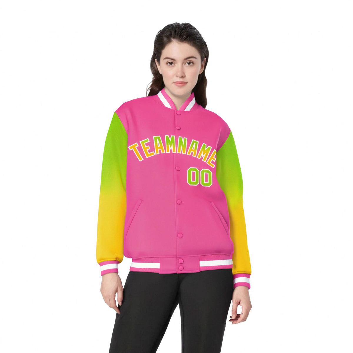 Custom Pink Neon Green-Yellow Varsity Full-Snap Sleeve Gradient Fashion Letterman Baseball Jacket