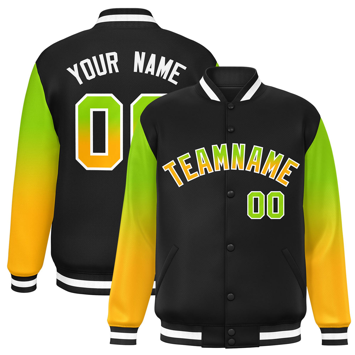 Custom Black Neon Green-Yellow Varsity Full-Snap Sleeve Gradient Fashion Letterman Baseball Jacket